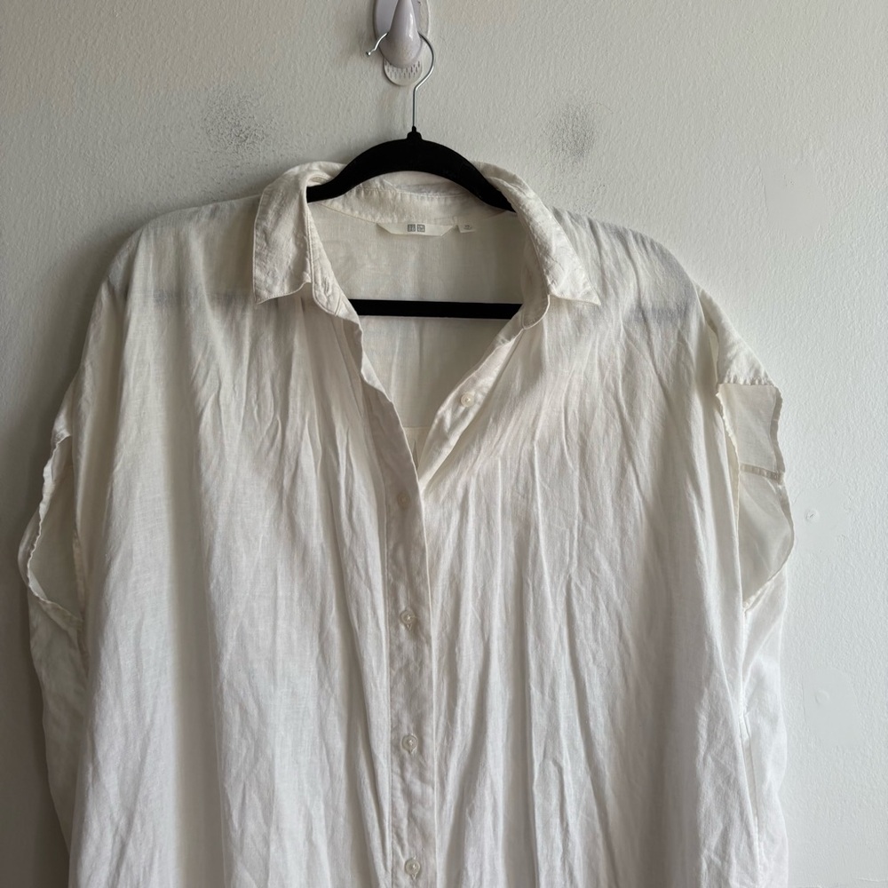 Uniqlo Sz XS Relaxed Oversized Linen Blend White Button Front Shirt Midi Dress - Picture 4 of 12
